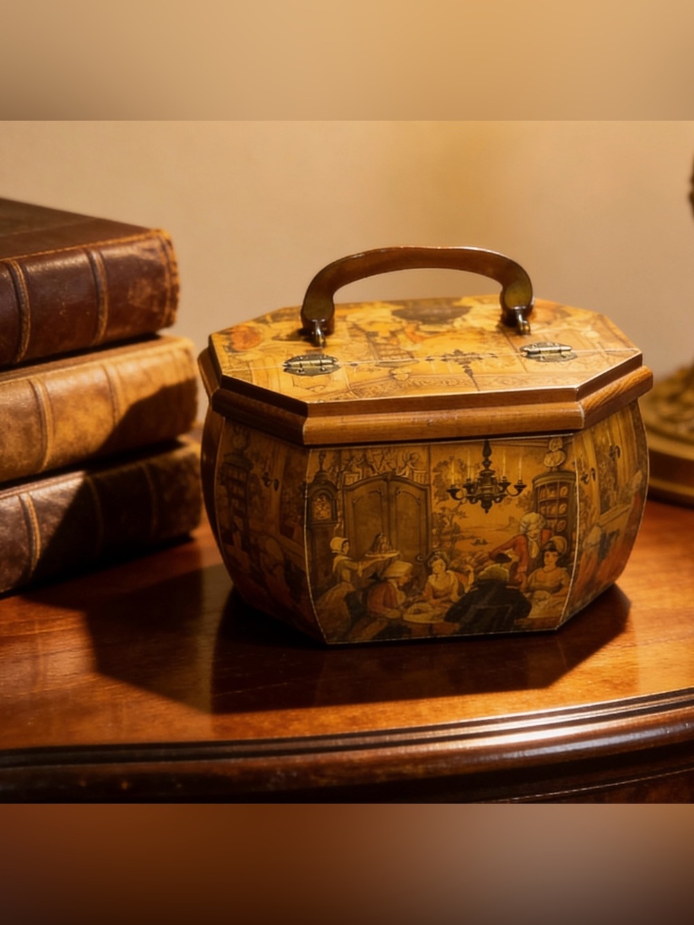 Anton Pieck Style Wooden Handbag with Top Handle - Decoupage